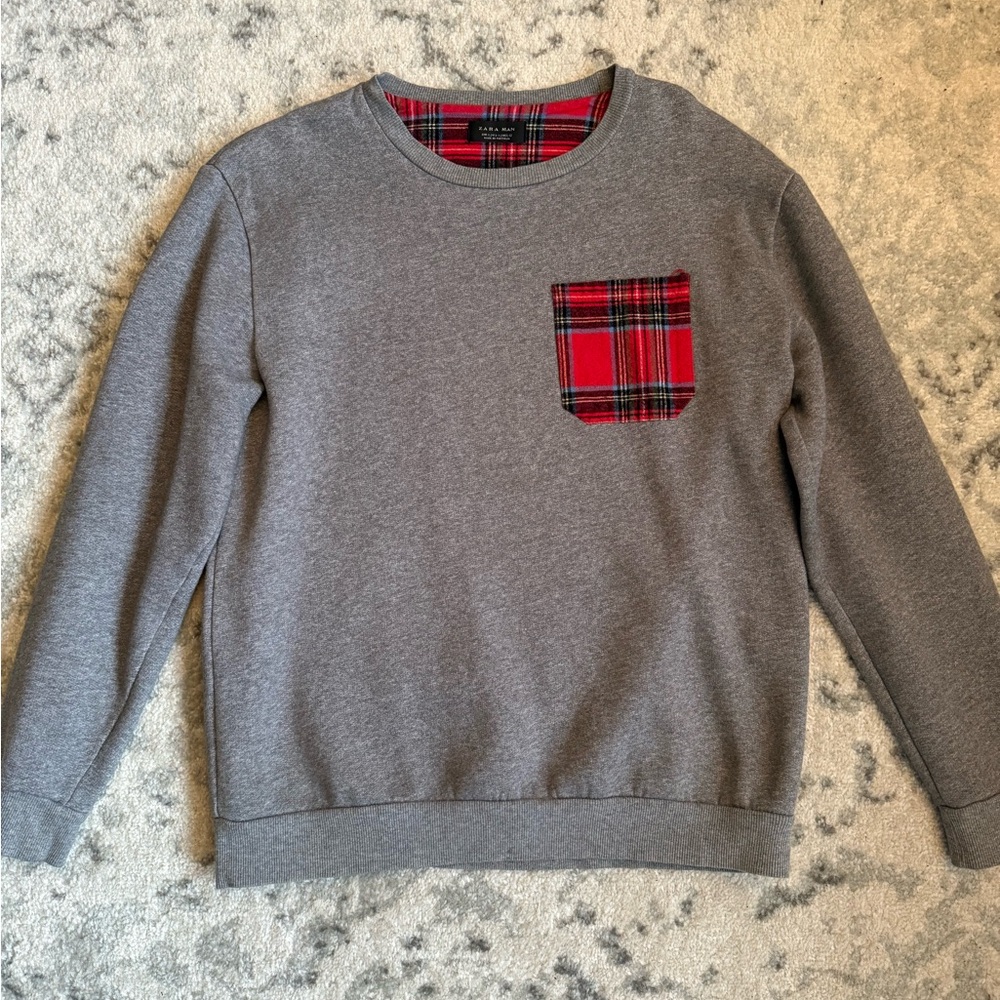 Gray Sweater with Red Plaid Pocket